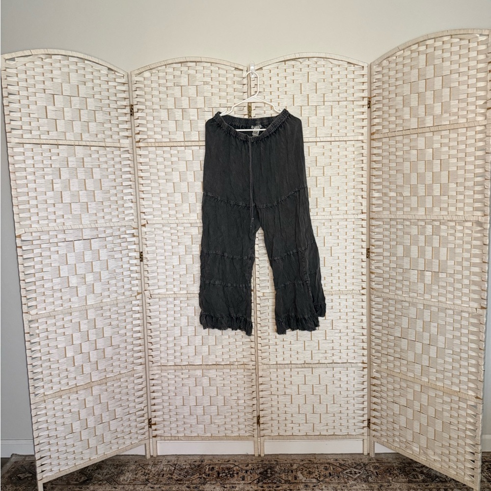 Crinkled Wide Leg Acid Wash Drawstring Pants - Black